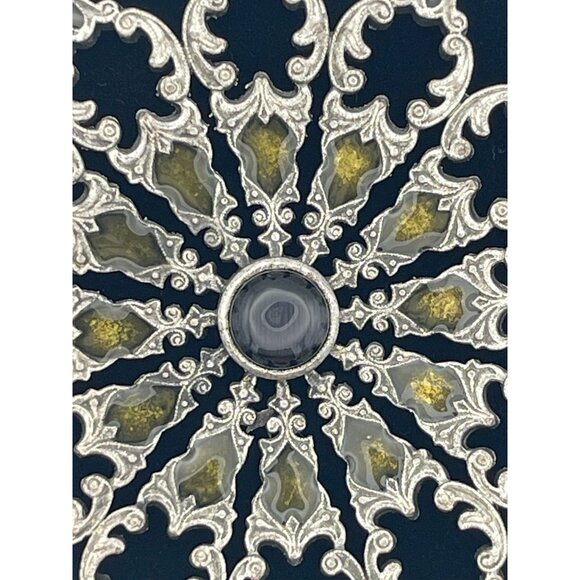 Circle Pendant 3" Silver Tone Pierced Designs Glass Center Black Cord - Picture 5 of 9